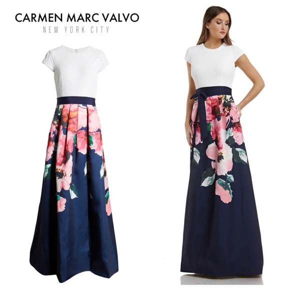 Carmen Marc Valvo Infusion Sequin-Bodice Cap-Sleeve Gown w/ Floral-Print - Picture 1 of 5